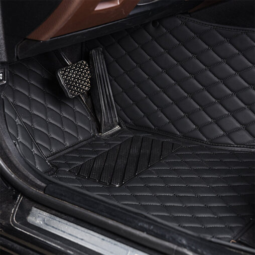 Black Leather and Black Stitching Diamond Car Mats Driver Side