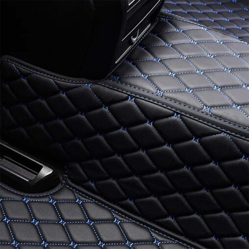 Black Leather and Blue Stitching Diamond Car Mats Back Closeup