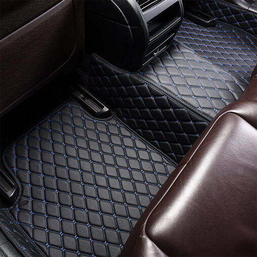 Black Leather and Blue Stitching Diamond Car Mats Back Side