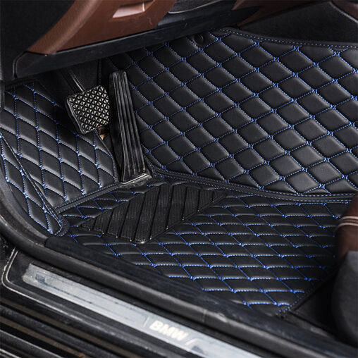 Black Leather and Blue Stitching Diamond Car Mats Driver Side