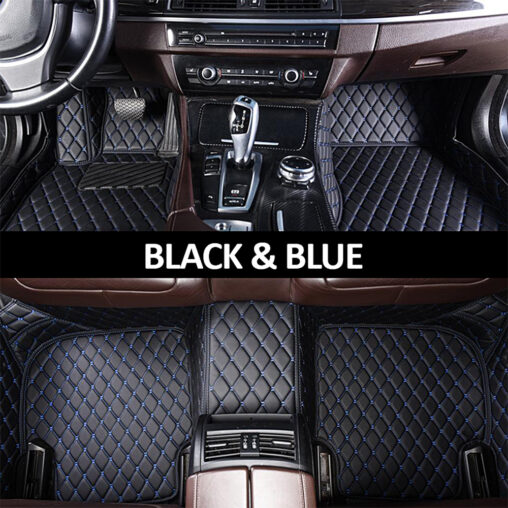 Black Leather and Blue Stitching Diamond Car Mats Main