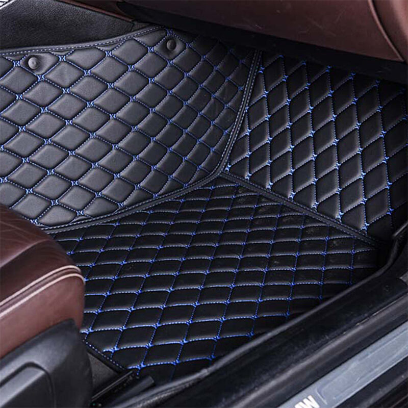 Black Leather and Blue Stitching Diamond Car Mats Passenger Side