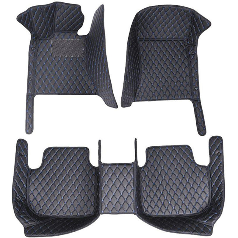 Black Leather and Blue Stitching Diamond Car Mats Sets