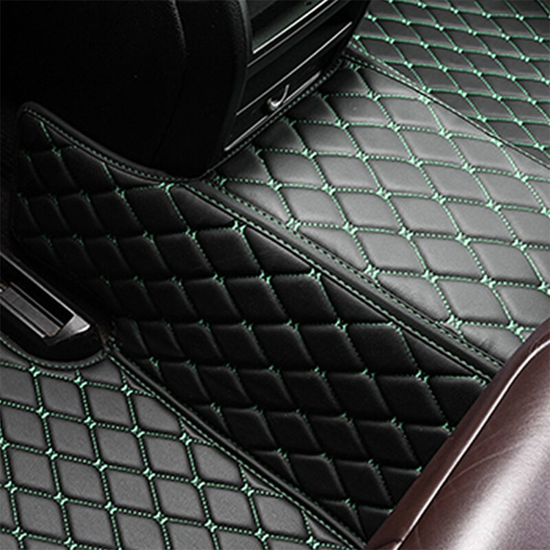 Black Leather and Green Stitching Diamond Car Mats Back Closeup