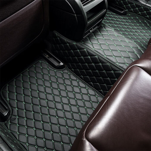 Black Leather and Green Stitching Diamond Car Mats Back Side