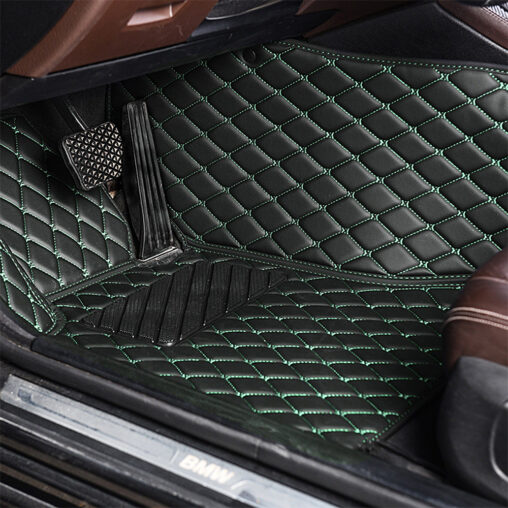 Black Leather and Green Stitching Diamond Car Mats Driver Side