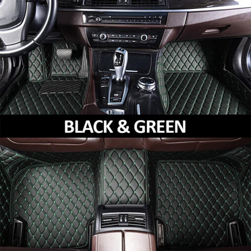 Black Leather and Green Stitching Diamond Car Mats Main