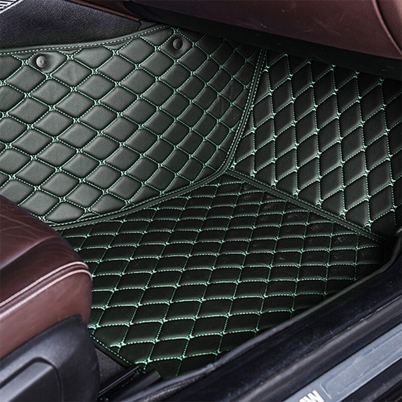 Black Leather and Green Stitching Diamond Car Mats Passenger Side