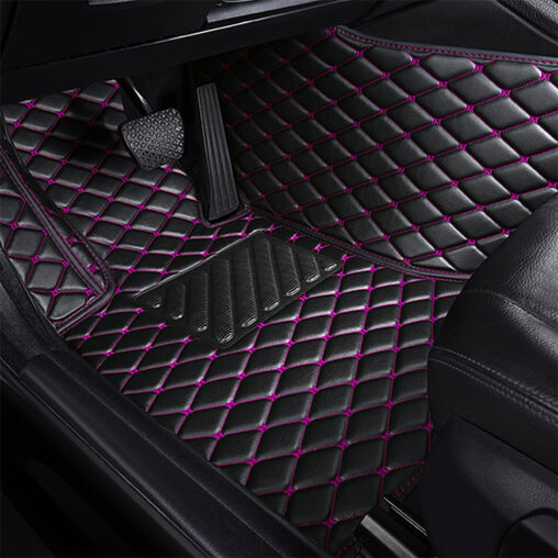 Black Leather and Purple Stitching Diamond Car Mats Driver Side