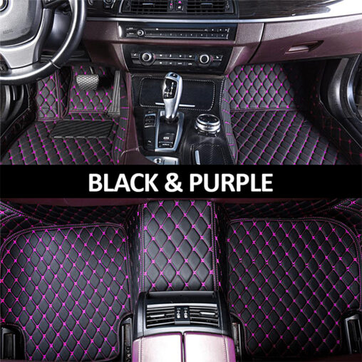 Black Leather and Purple Stitching Diamond Car Mats Main