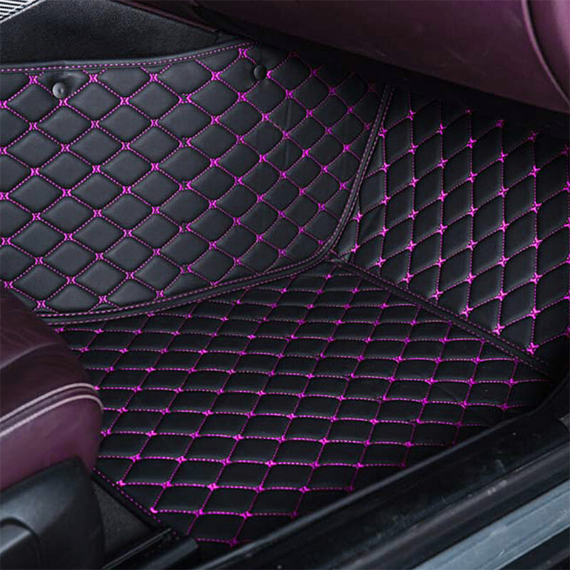 Black Leather and Purple Stitching Diamond Car Mats Passenger Side