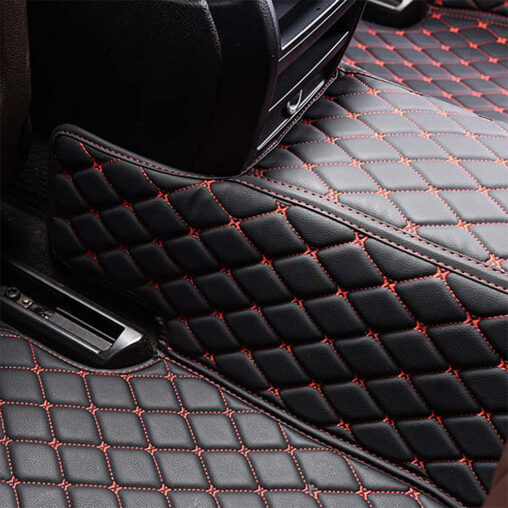 Black Leather and Red Stitching Diamond Car Mats Back Closeup