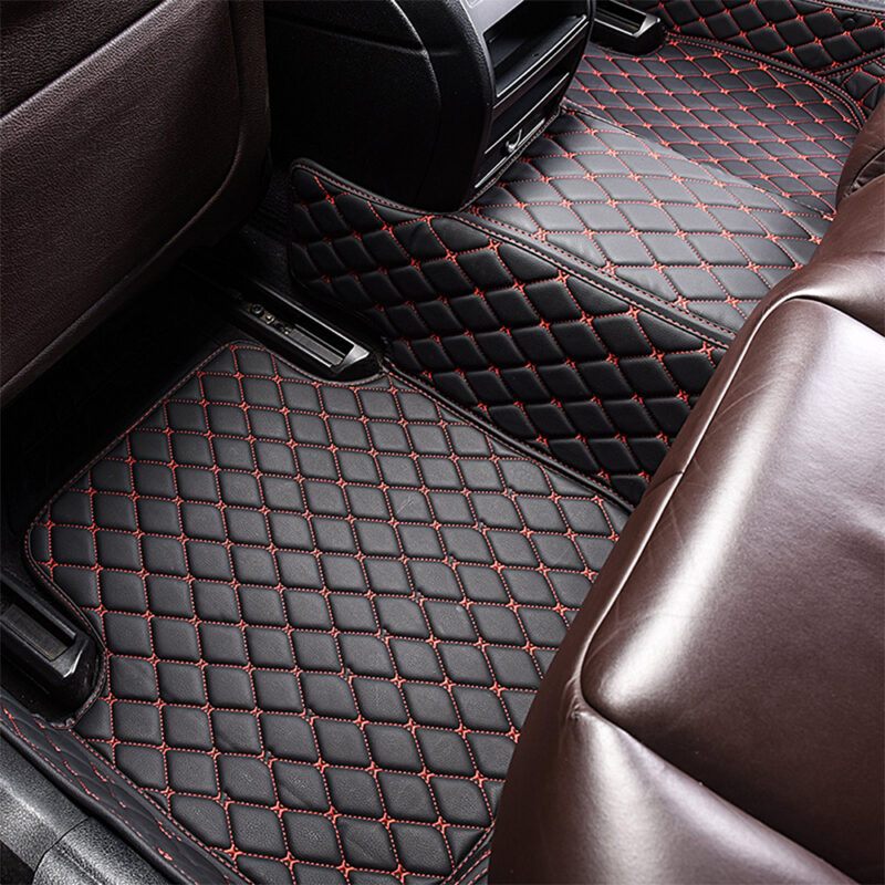 Black Leather and Red Stitching Diamond Car Mats Back Side