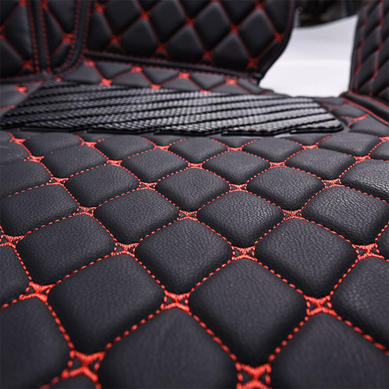 Black Leather and Red Stitching Diamond Car Mats Closeup