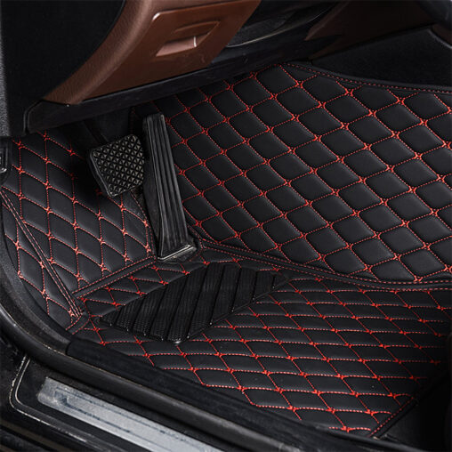 Black Leather and Red Stitching Diamond Car Mats Driver Side