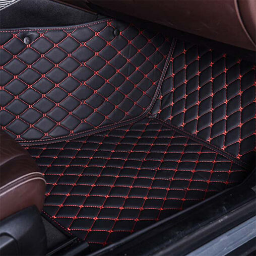 Black Leather and Red Stitching Diamond Car Mats Passenger Side