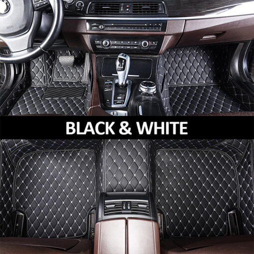 Black Leather and White Stitching Diamond Car Mats Main