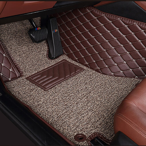 Coffee-Leather-and-White-Stitching-Brown-Second-Layer-Diamond-Car-Mats Driver Side