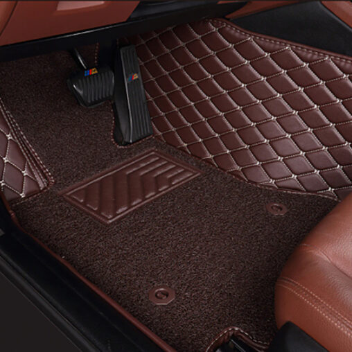 Coffee-Leather-and-White-Stitching-Coffee-Second-Layer-Diamond-Car-Mats Driver Side