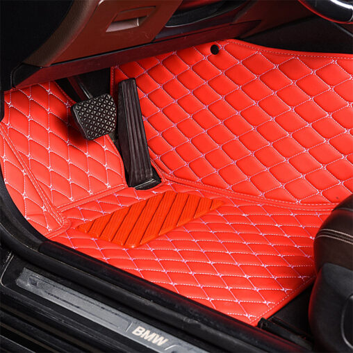 Red Leather and White Stitching Diamond Car Mats Driver Side